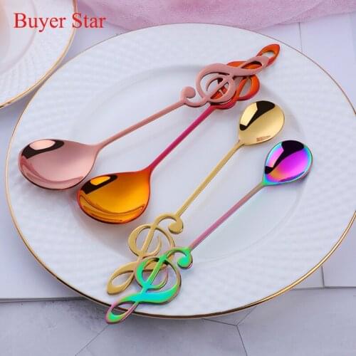 8PCS Stainless Steel Musical Note Dessert Spoon Round Coffee Stirring Milk Tea Spoon Gold Ice Cream Scoop Creative Flatware