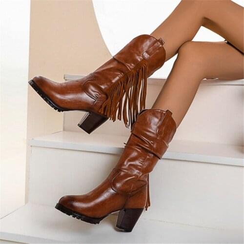 PXELENA Newest 2020 Winter Shoes Chunky Block High Heels Tassel Boots Slip On Fringe Mid Calf Boots Black Brown Large Size 34-45