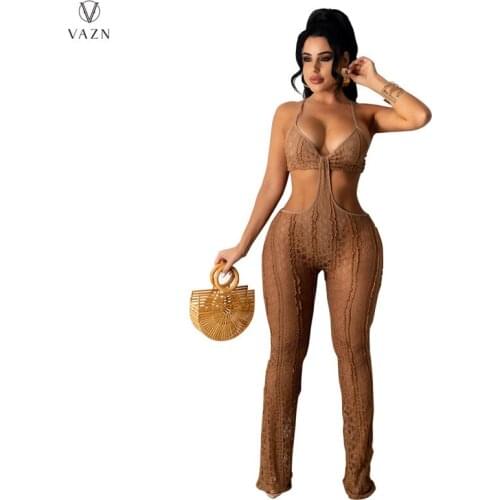 VAZN 2021 New Strapless Shinny Pleated Sexy Lady Women Party Beach Jumpsuits Full Pant Bandage Rompers