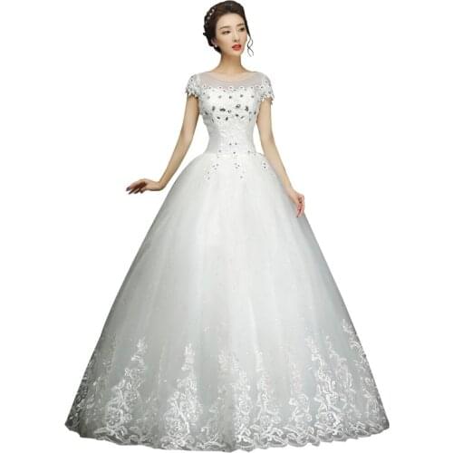 New Style O-Neck Short Sleeve White Crystal Decoration Lace MaterialBling Wedding Dress Custom Made C005