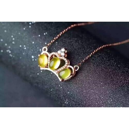Natural yellow prehnite stone Necklace natural gemstone Pendant Necklace S925 silver Fashion Personality Crown girls Jewelry