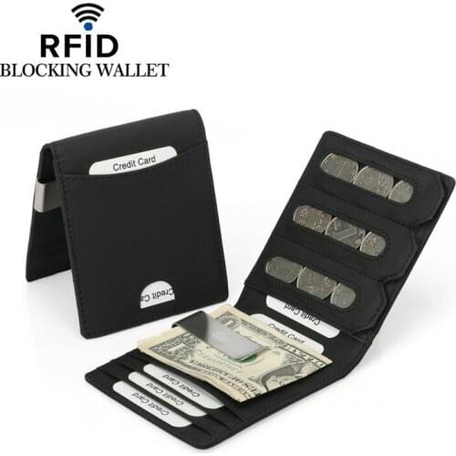 RFID Mens Luxury Coin Money Clip Wallets Real Genuine Leather Super Thin Cash Holder Front Pocket Mens Wallet Card Purse Black