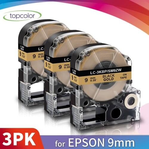 Topcolor 3PK 9mm Black on Gold Adhesive Label Tape SM9ZW 3/8" Sticker Compatible Epson Label Maker KingJim Printer Tape LK-3KBP