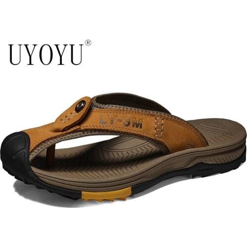 UYOYU Quality Summer Mens genuine Leather Slippers Outdoor Flip Flops Men Slipper Casual Chanclas Hombre Flip Flop Sandals Flats