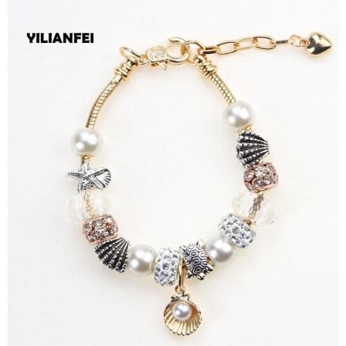 YILIANFEI Adjustable Heart pendant Fashion cute Charm Pan Bracelets & Bangles with aureate Crystal Beads For Women BT0181