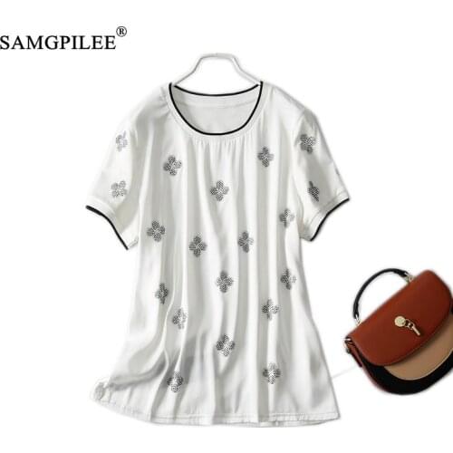 Women T-shirts 2021 Summer New Korean Style Fashion High Temperature Hot Drilling Flower O Neck Short Sleeve Oversized T Shirt