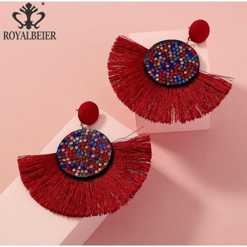 2021 Trendy Ins Bohemian Red Crystal Drop Earrings for Women Summer Handmade Big Circle Tassel Earring Girl‘s’ Fashion Jewelry