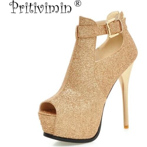 Plus size fashion red gold prom shoes ladies peep toe platform super sexy high heels women comfortable bottom party pumps B-19