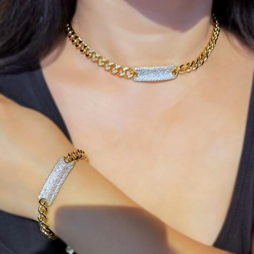 Luxury Cubic Zirconia Jewelry Sets Women Gold Color Cuban Chain Geometry Necklace Bracelets Set Elegant Dubai Femme Fashion Set