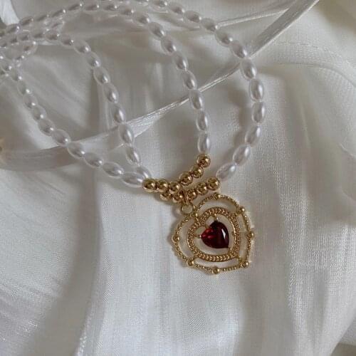 Elegant White Imitation Pearl Choker Double Layer Red Love Heart Alloy Necklace For Women Students Party Jewelry Gifts