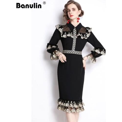 New 2021 Autumn Fashion Runway Mermaid Dress Womens Flare Sleeve Elegant Floral Embroidery Mesh Patchwork Midi Dresses Vestidos