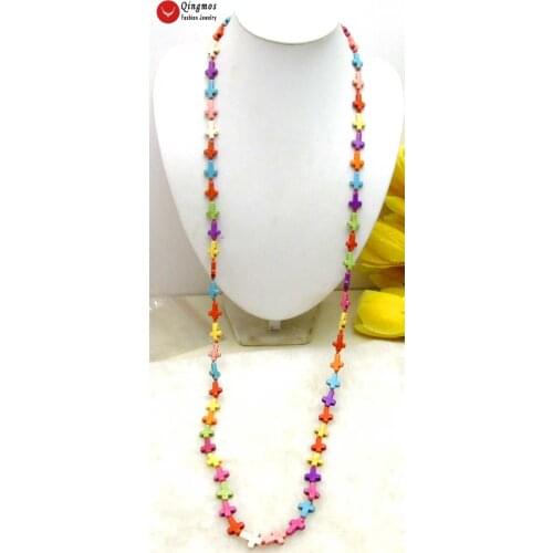 Qingmos Trendy 12*15mm Turquoises Necklace for Women with Multicolor Cross Turquoises Long Necklace Sweater Jewelry 46" Nec5682