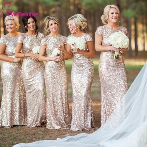 Champagne Long vestido longo Sequined Short Sleeve Floor Length Bridesmaid Dress 2020 Prom Dress Wedding Party Dress