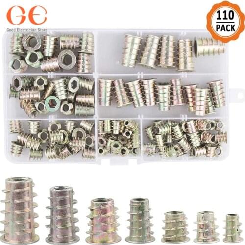 110pcs Zinc Alloy Furniture Hex Socket Screw Inserts Threaded nut and bolt Assortment Tool Kit for Wood Furniture (6 Size)