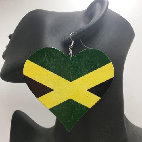 Free Shipping!Printing Jamaica Flag Heart Wooden earrings