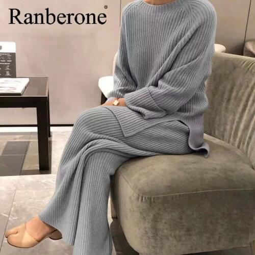 Ranberone Elegant Women Two Piece Sets Loose Pullover Tops + Wide Leg Pants Sports Suit Lady Casual Soft Sportswear Tracksuits