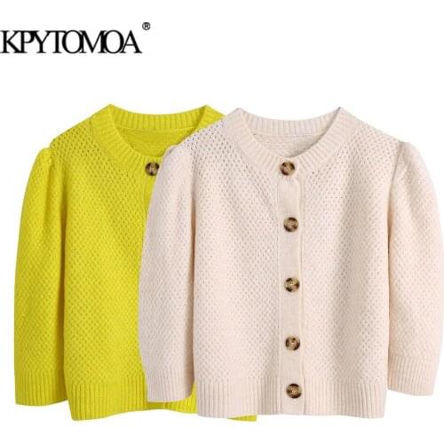 KPYTOMOA Women 2021 Sweet Fashion Knit Cropped Cardigan Sweater Vintage Three Quarter Sleeve Button-up Female Outerwear Chic Top