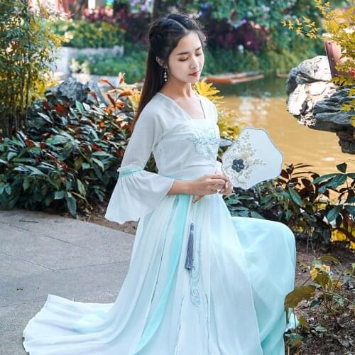 Summer womens Long dress embroidered Gowns emproved Hanfu ethnic style Chiffon clothing Chinese ancient traditional costume