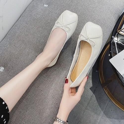 Women Shoes Flat Zapatos De Mujer Loafers Genuine Leather Sheepskin Shallow Casual Butterfly Knot Square Toe Ballet Flats