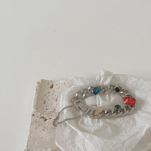 Punk Style Chunky Stainless Steel Metal Chain Bracelet for Women Men Vintage Fashion Crystal Pendant High Street Hip Hop Jewelr