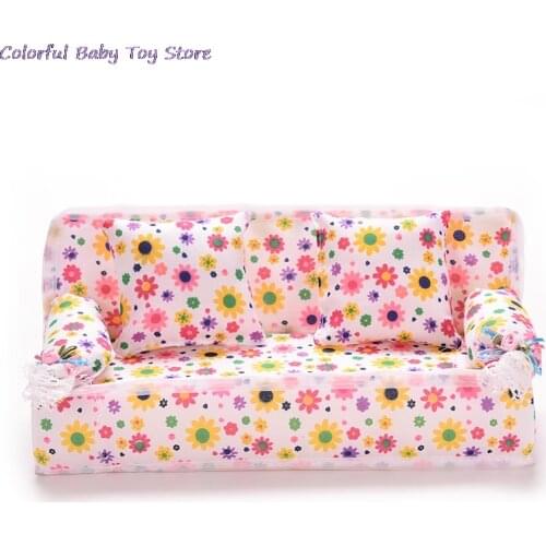1Set Cute Miniature Doll House Furniture Flower Cloth Sofa With 2 Cushions For Doll Kids Play House Toys