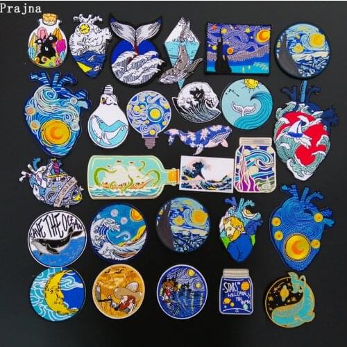 Prajna Van Gogh Patch Heart Wave Patch Iron On Embroiderd Patches For Clothing Jacket Space Stripe On Clothes Adventure Badges
