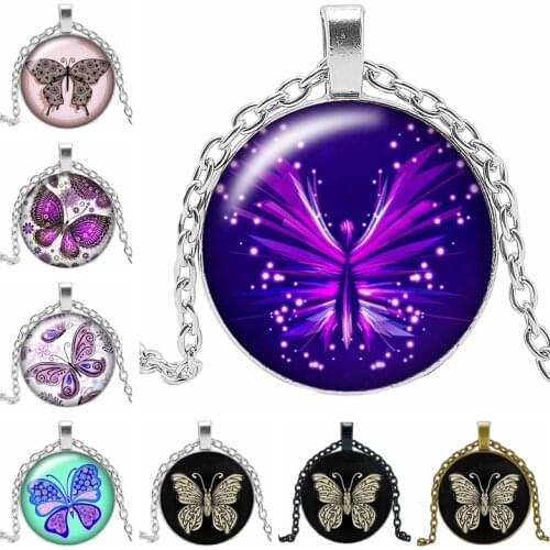2019 New Romantic Cute Butterfly Necklace Jewelry Pendant Crystal Convex Round Glass Necklace Childrens Gift