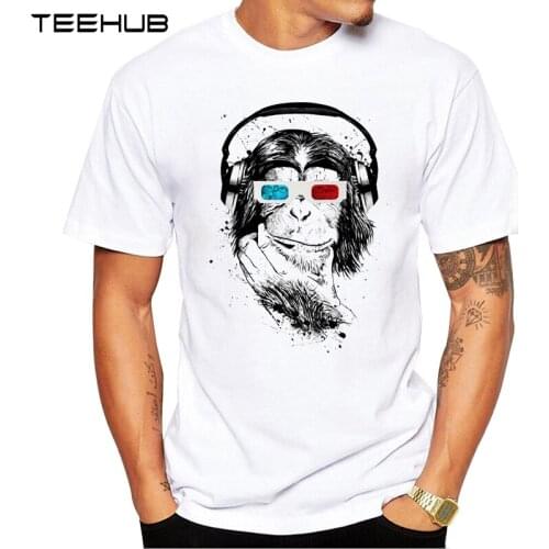 TEEHUB New Arrival 2019 Mens Funny Music Monkey with 3d glasses Printed T-Shirt Short Sleeve Hipster Cool Tops