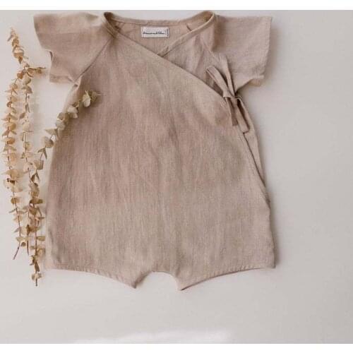 New Summer 2021 Fashion Solid Color Newborn Boy Girl Romper Linen Cotton Soft Cozy Jumpsuit Short Sleeve V-Neck Casual Playsuit
