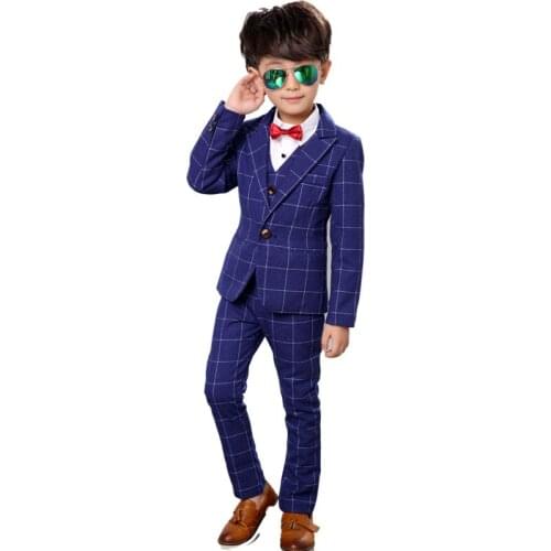 2-13Y Boy Formal Suit 4PCS/SET Tie+vest +jacket+pant Plaid Gentlemen Boys Suits Weddings Kids Prom Suits Boy Tuexdo Clothes Set