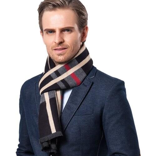 Autumn Classic Vertical Bar Lattice Casual Bib Business Gift Warm Imitation Cashmere Brushed Mens Scarf