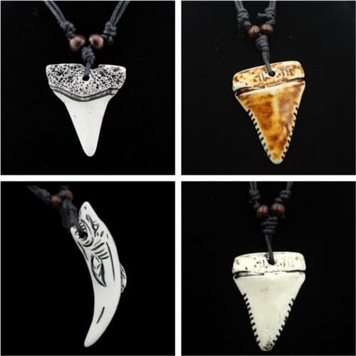 New Cool Boy Mens Imitation Bone Shark Tooth Charms Pendant Necklace Wood Beads Surf Necklace for girl women Amulet Gift MN158