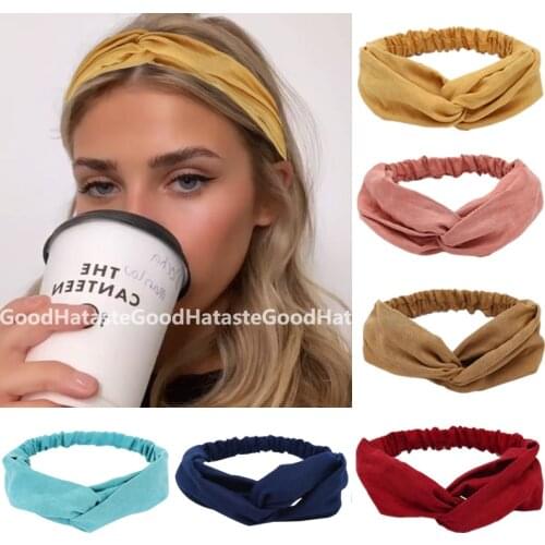 Womens Summer Headband Vintage Cross Knot Turban Elastic Hair Bands Soft Solid Women Girls Hairband Headwear Hair Accessories