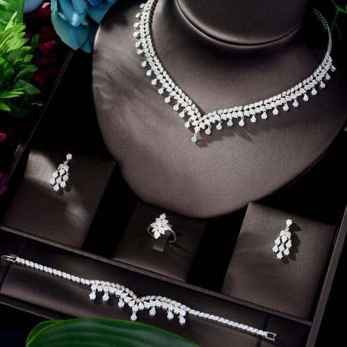 HIBRIDE Luxury Shinning Pave CZ Dubai Jewelry Sets 2020 Women Wedding Zirconia Geometric Copper 4pcs Jewelry Set bijoux N-1162