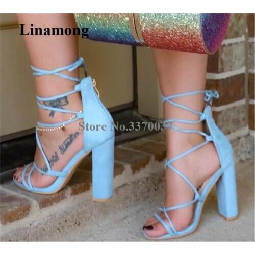 Ladies Beautiful Summer Open Toe Chunky Heel Gladiator Sandals Blue Lace-up Strap Cross Thick High Heel Sandals Dress Heels Shoe