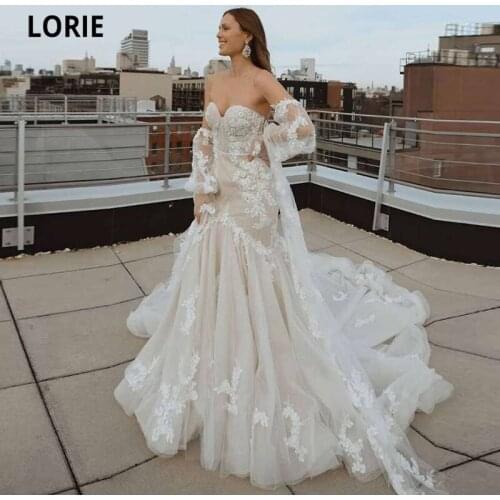 LORIE Mermaid Wedding Dresses Boho Sweetheart Long Puff Sleeves Custom Made Wedding Gown Bridal Dress 2021 suknia slubna