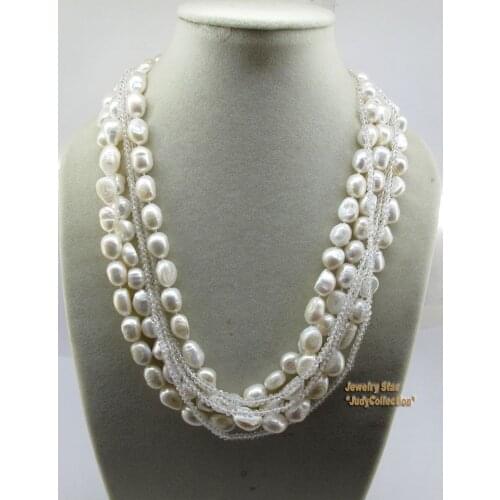 Wedding Jewelry Natural White Freshwater Pearl &Crystal 6stands Necklace