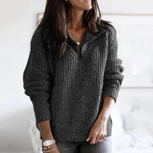 Women Sweater with Zipper Comfortable Spandex Long Sleeve V-Neck Knit Sweater for Daily Life Autumn Winter Casual Pullover осень