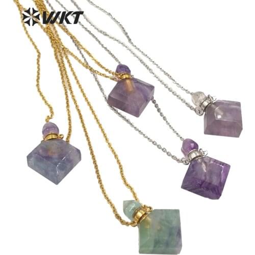 WT-N1191 Wholesale women rhombus shape rainbow fluorite perfume bottle necklace fashion stone perfume bottle necklace
