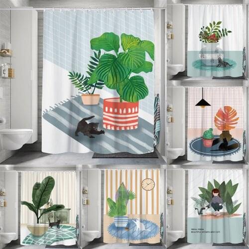 Plant Cartoon Cat Print Shower Curtain Set Home Decoration Bathroom Curtains Fabric Waterproof Polyester With Hook YL-0030