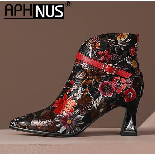 APHNUS Womens Boots Flowers Short Ankle Booties Mid High Heels Pumps Woman 2020 Shoes For Women New Boot