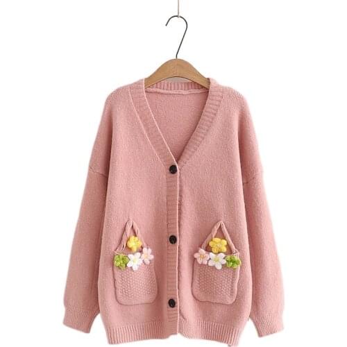 Floral Appliques Women Knit Cardigan 2021 Winter Single Breasted V-neck Knitwear Korean Fashion Sweet Warm Soft Jumpers Tops