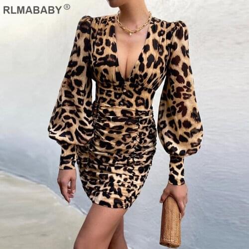 Sexy V Neck Long Lanter Sleeve Print Leopard Short Bodycon Dress Women Elegant Party Folds Package Hip Button Autumn Mini Dress