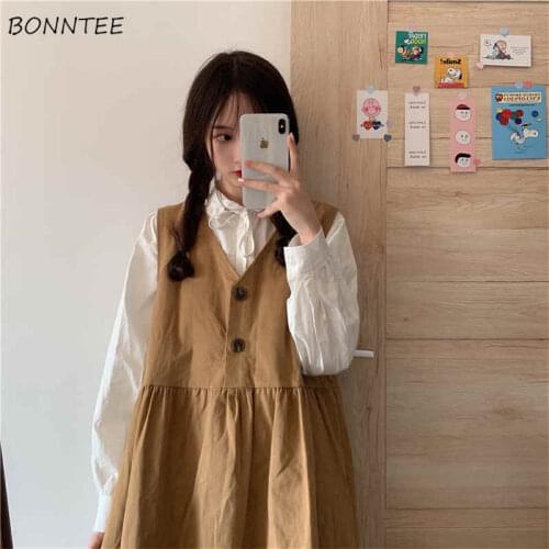 Sleeveless Dress Women Harjuku Students Female Clothing Pure Midi Button Retro Trendy All-match Simple Teens Vintage Temperament