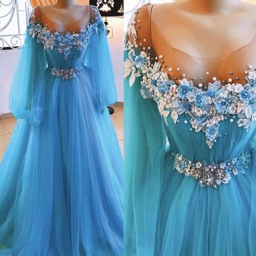 SuperKimJo Blue Prom Dresses 2020 Flare Sleeve Lace Applique 3D Flowers Beaded Elegant Prom Gown Vestidos De Gala