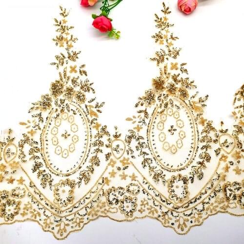 1 Yards Wedding Lace Fabrics Gold Stamp Glitters Champagne Gold Bridal Lace Appliqued Scalloped Beaded Sewing Trims For Dress