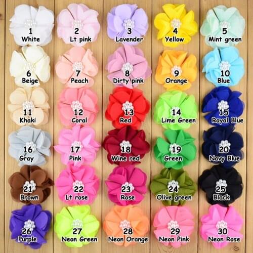 30pcs/lot 30 Color U Pick 2.8 Inch Chiffon Puff Fabric Flower Applique With Pearl In Center DIY Garment Hair Accessories TH02