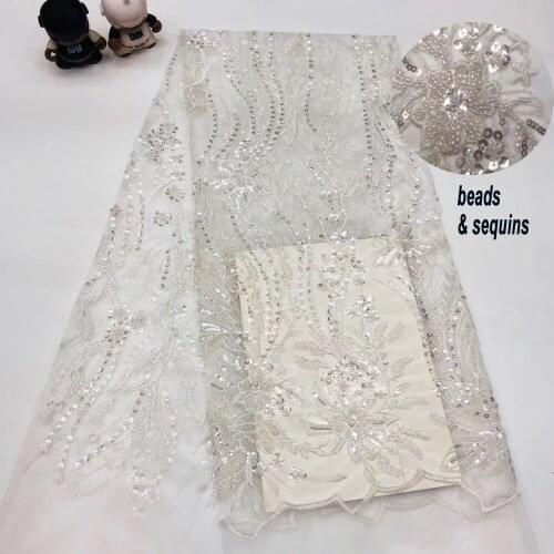 5yards/pc) high grade African party lace beads and sequins embroidered French net lace fabric for wedding dress FSS109