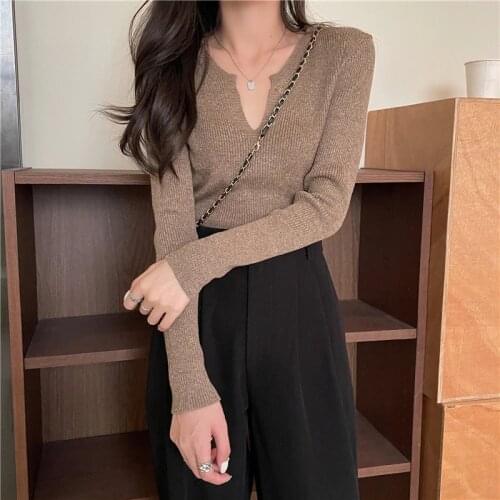 AOSSVIAO 2021 Hot Sales New Autumn Winter Women Basic Wear Loose Casual V Neck Solid Color Knit Pullovers Tops Sweaters