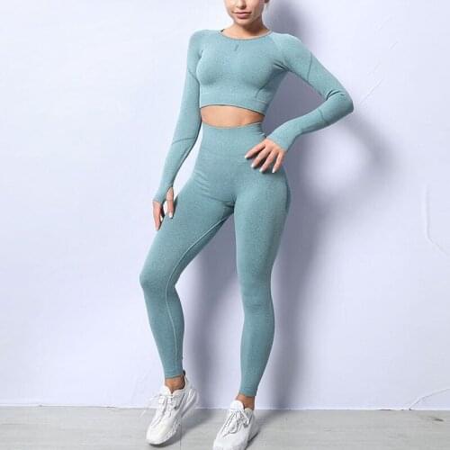 Seamless Women Yoga Suits Fitness Workout Running Clothing Gym Sportswear Long Sleeve Crop Top Leggings Athletic Set Woman Track
